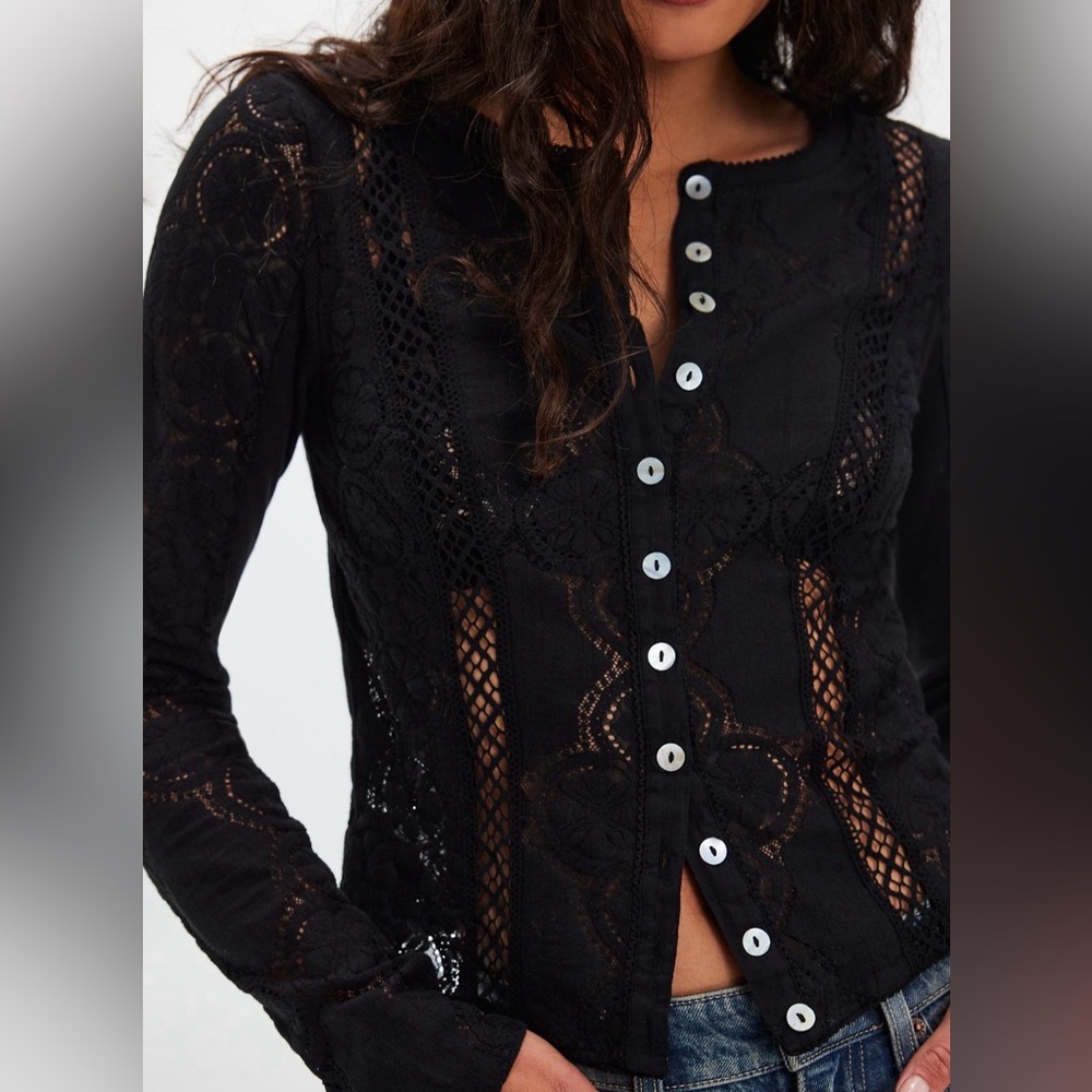 Free People Jae Sheer Lace Knit Long Sleeve Top Black Size M